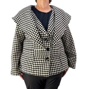 Ashley Stewart Check Statement Shawl Collar Jacket Black White Woven